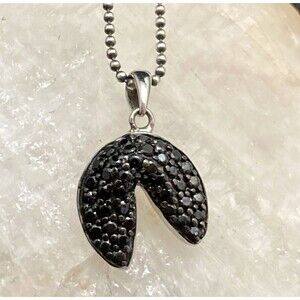 FD Black CZ Fortune Cookie Pendant‎ Sterling 925 Silver 16'' Chain Necklace